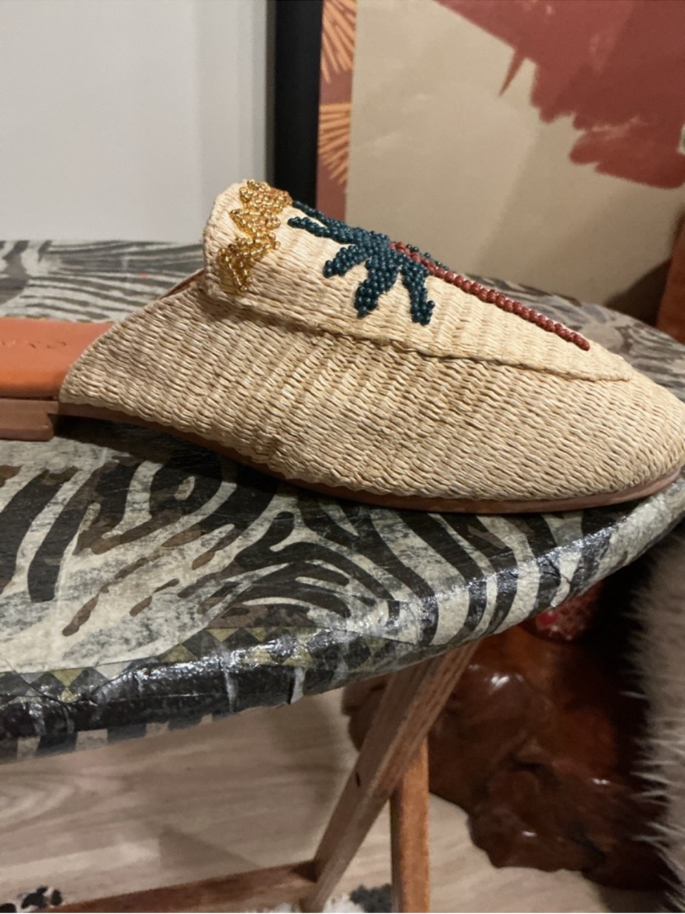 FARM Rio Macaw Beige Woven Slip-On Mules w/Beaded Palm Tree & Parrot, NIB, 10/42 - Picture 7 of 13